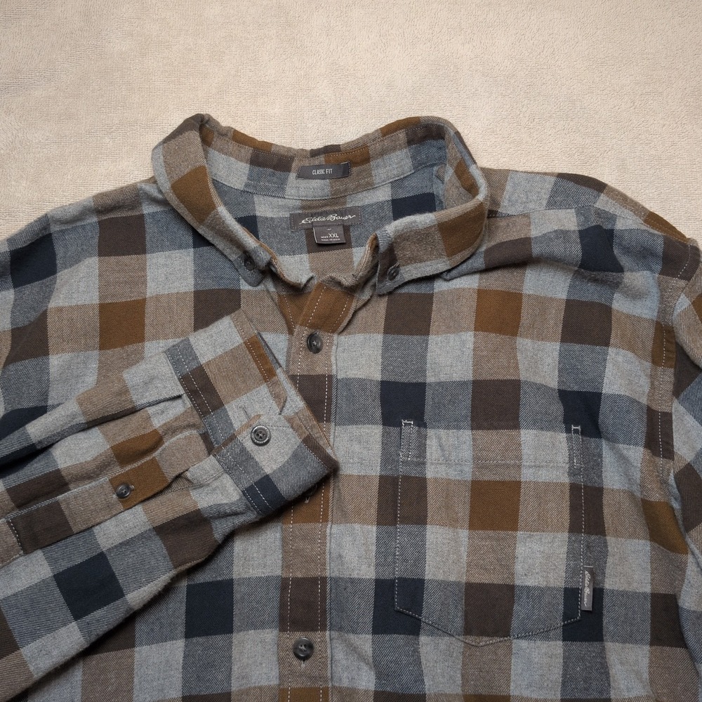 Eddie Bauer Men's Sz XXL Blue/Brown/Grey Plaid Flannel Button Shirt Long Sleeve